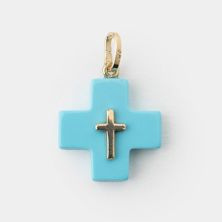 14k Gold, Turquoise Cross Pendant with 14k Gold Accent - Helen Georgio - Small Things We Love