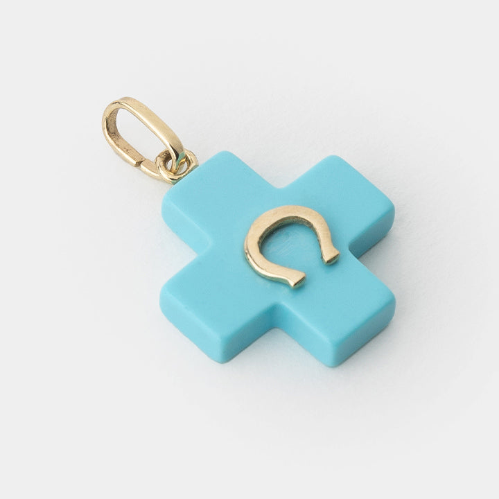 14k Yellow Gold  and Turquoise Cross With a Horseshoe - Helen Georgio - Small Things We Love