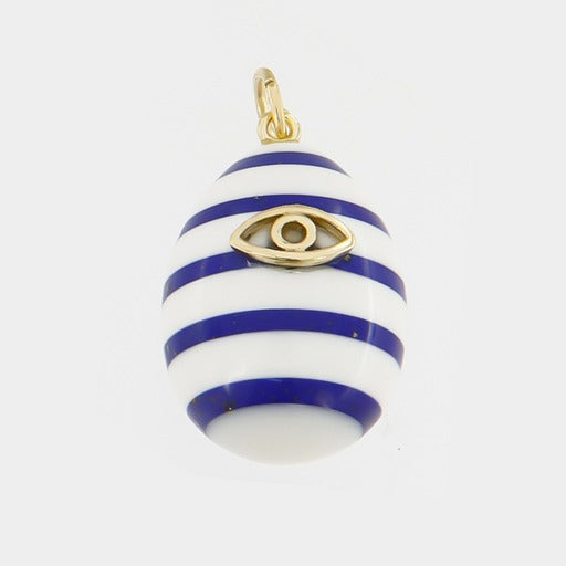 14K Gold Cross on a Greek Egg-Shaped Pendant with Blue and White Stripes