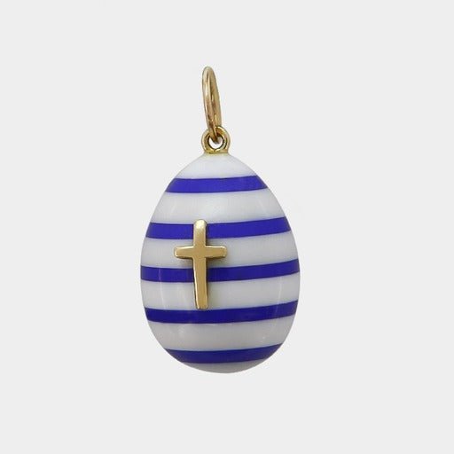 14K Gold Evil Eye on a Greek Egg-Shaped Pendant with Blue and White Stripes