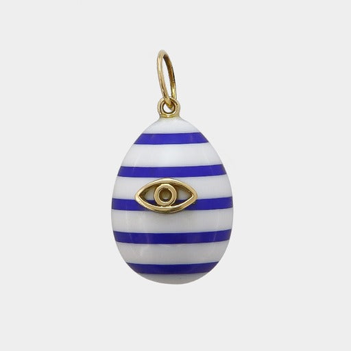 14K Gold Cross on a Greek Egg-Shaped Pendant with Blue and White Stripes