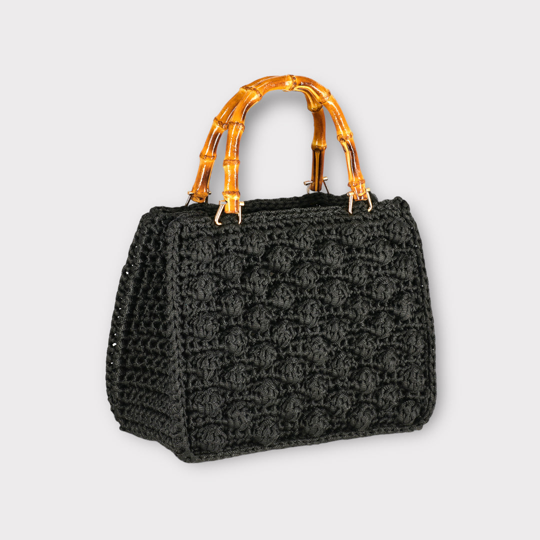 Crochet Handmade Tote Bag With Bamboo Handles