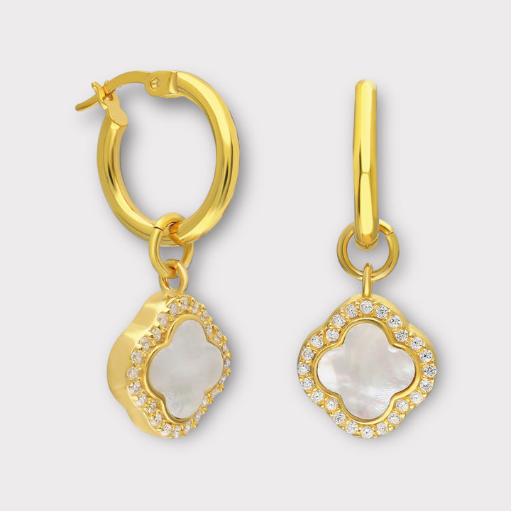 Mother of Pearl Clover Hoop Earrings- 18k Gold Plated with White Zircon