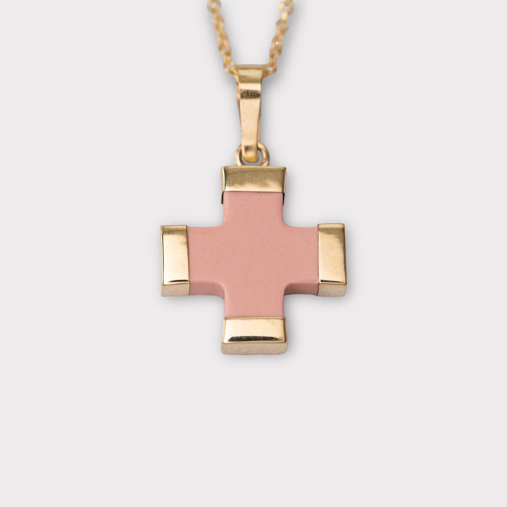14k Solid Gold and Pink Coral Cross Pendant - Helen Georgio - Small Things We Love