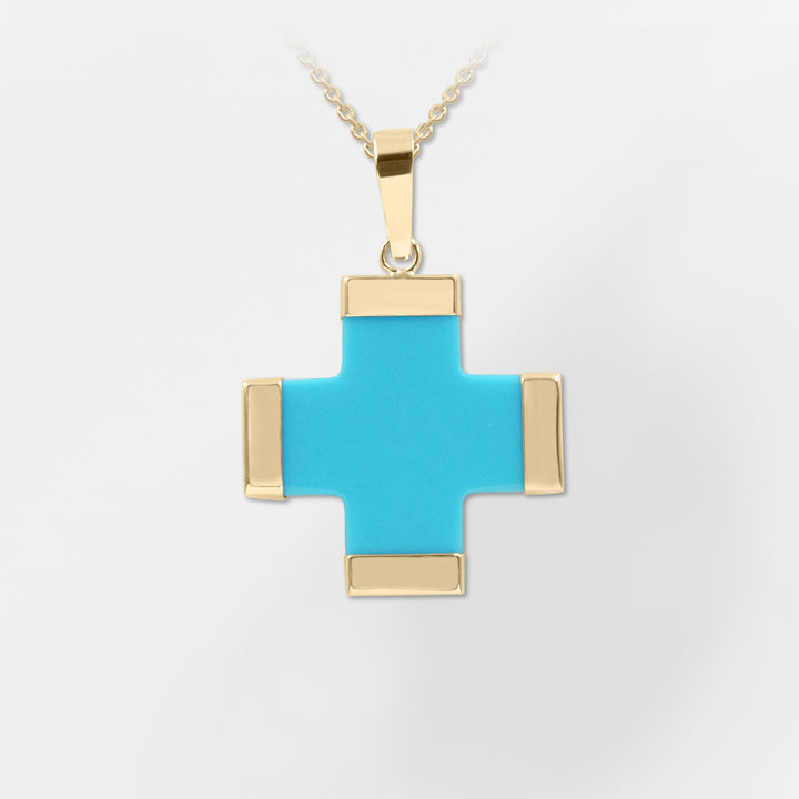 14K Gold - Turquoise Greek Cross Charm