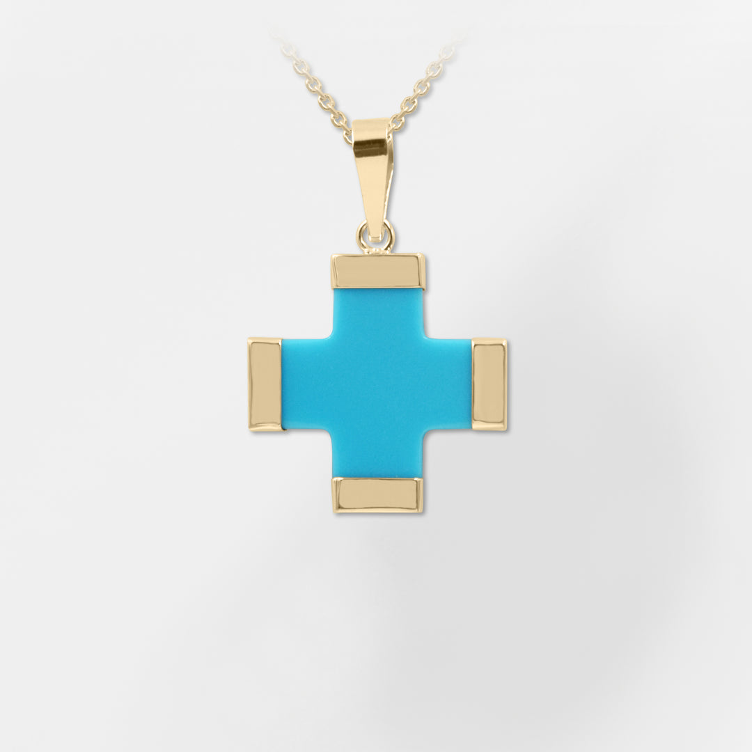14K Gold - Turquoise Greek Cross Charm